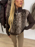 OTTIE Knitted Fawn Printed Zip Up Cardigan In Brown
